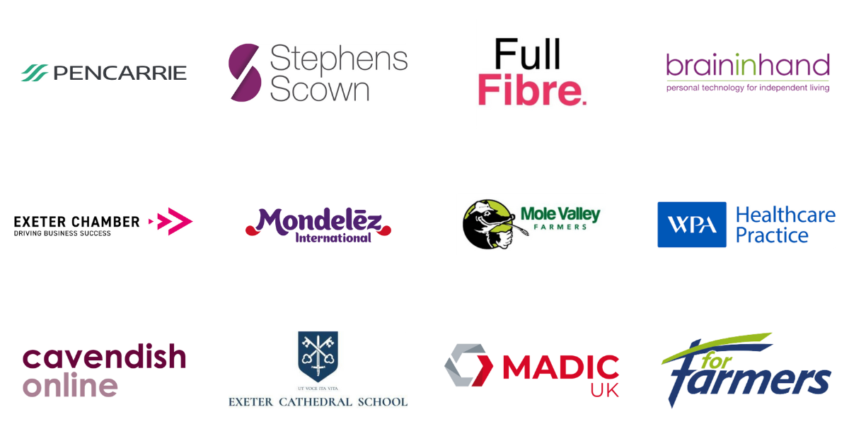 Pencarrie, Stephen Scown, Full Fibre, Brain In Hand, Exeter Chamber, Mondelez, Mole Valley Famers, WPA Healthcare, Cavendish Online, Exeter Cathedral School, Magic UK, For Farmers